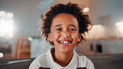 Buy stock photo Wellness, portrait and boy in house with smile, positive attitude and chill on weekend break. Happy, bokeh and African child with good mood, confidence and peaceful holiday for youth wellbeing.