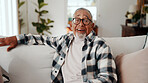 Portrait, old man and relax at house with smile, peace and comfortable for weekend break on sofa. Happy, senior person and rest in lounge with positive attitude, retirement and calm morning to unwind