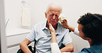 Caregiver, helping and old man in bathroom for skincare, washing face and assistance for hygiene. Nurse, house and senior person with disability, facial cleaning and washcloth for morning routine