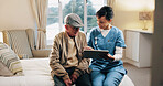 Health, old man and nurse with tablet in home for medical records, recovery support and good news. Homecare, senior patient and caregiver with tech for wellness check, healthcare service and happy