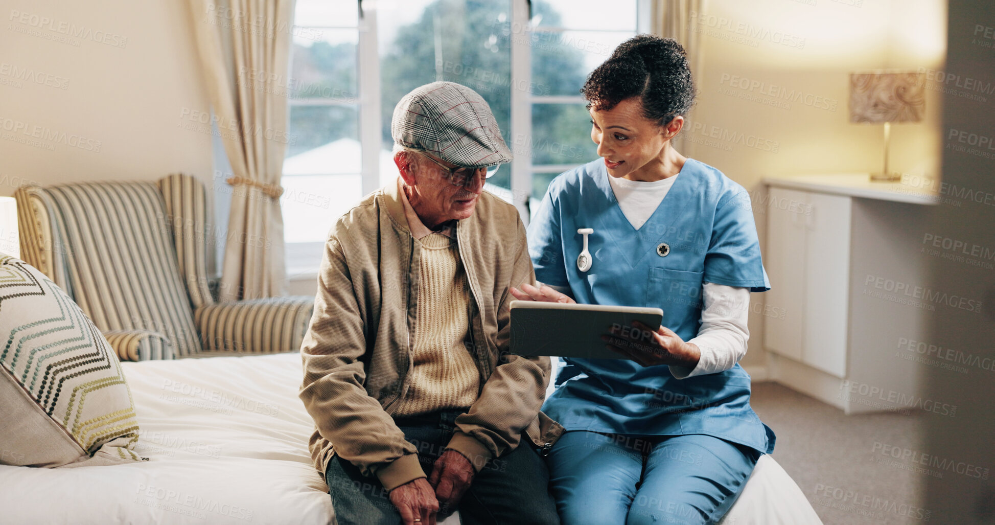 Buy stock photo Health, old man and nurse with tablet in home for medical records, recovery support and good news. Homecare, senior patient and caregiver with tech for wellness check, healthcare service and happy