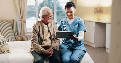 Buy stock photo Home, caregiver and consulting old man with tablet for healing progress, follow up care and results. Happy, senior patient and nurse with tech for medical news, homecare and health clearance on bed
