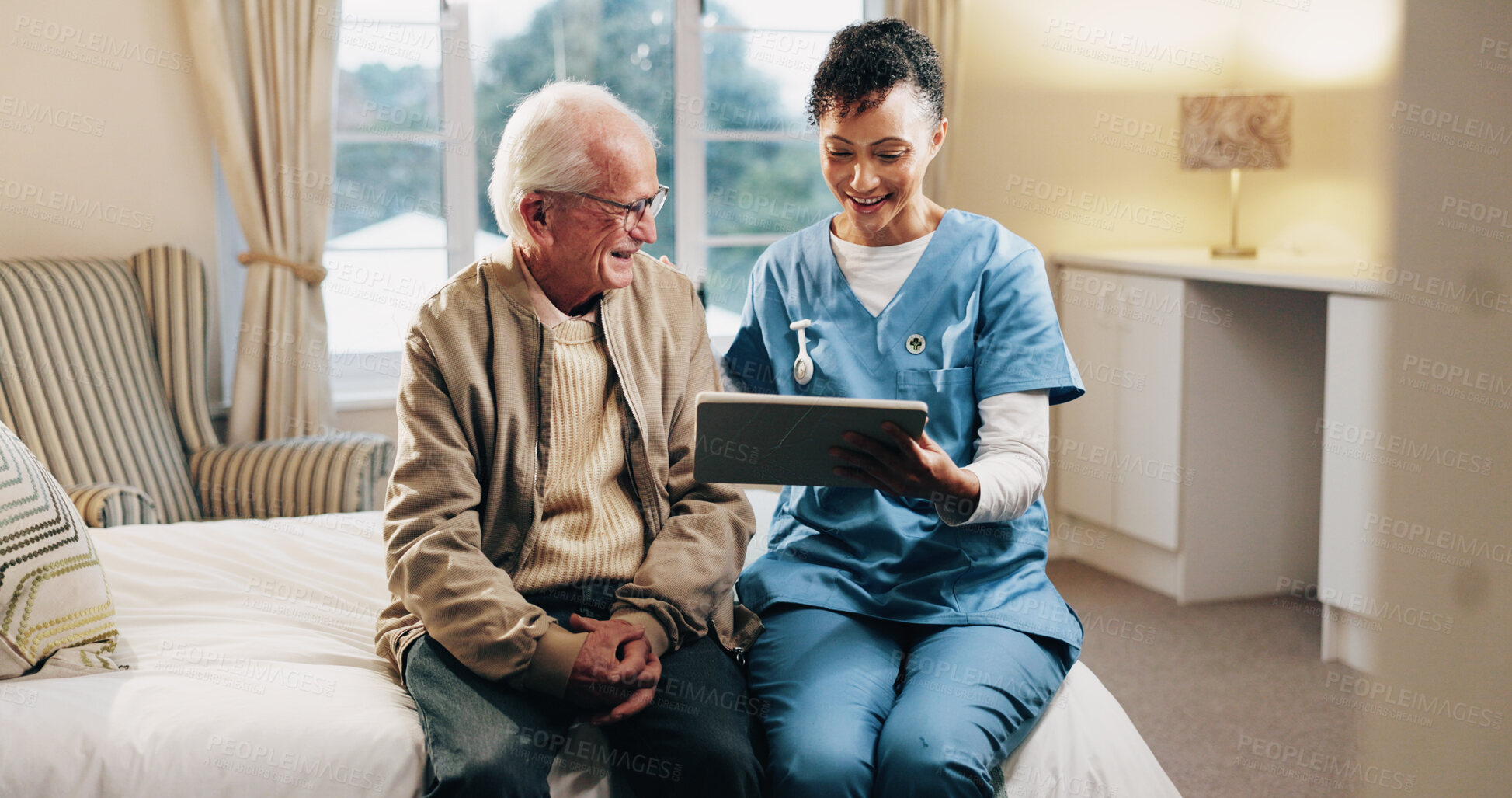 Buy stock photo Home, caregiver and consulting old man with tablet for healing progress, follow up care and results. Happy, senior patient and nurse with tech for medical news, homecare and health clearance on bed