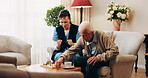 Caregiver, support and old man in nursing home with chess, strategy and bonding together for wellness. Nurse, encouragement and senior person with board game retirement, cognitive skills and contest.