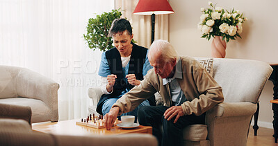 Buy stock photo Caregiver, support and old man in nursing home with chess, strategy and bonding together for wellness. Nurse, encouragement and senior person with board game retirement, cognitive skills and contest.