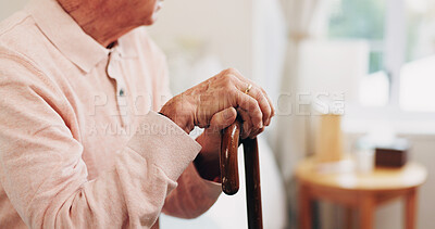 Buy stock photo Old, person and walking stick with hands in home, mobility support or reflection space in retirement. Parkinson, arthritis and cane of pensioner with disability, health and thinking in senior housing