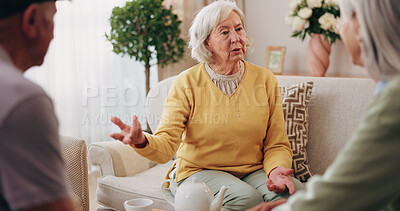 Buy stock photo Friends, tea party and conversation with old woman in home for bonding, retirement and together. Drinks, relax and reunion with senior people in living room for breakfast, gossip and visit in house