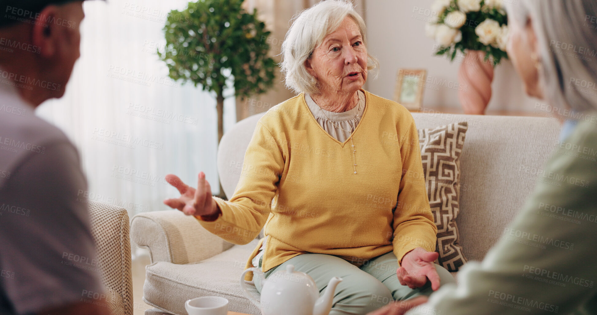 Buy stock photo Friends, tea party and conversation with old woman in home for bonding, retirement and together. Drinks, relax and reunion with senior people in living room for breakfast, gossip and visit in house
