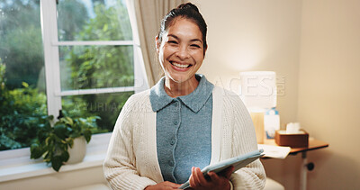 Buy stock photo Portrait, woman and caregiver at house with tablet, medical results and schedule for homecare. Smile, female person and confidence in home with tech, assisted living and agenda update for healthcare