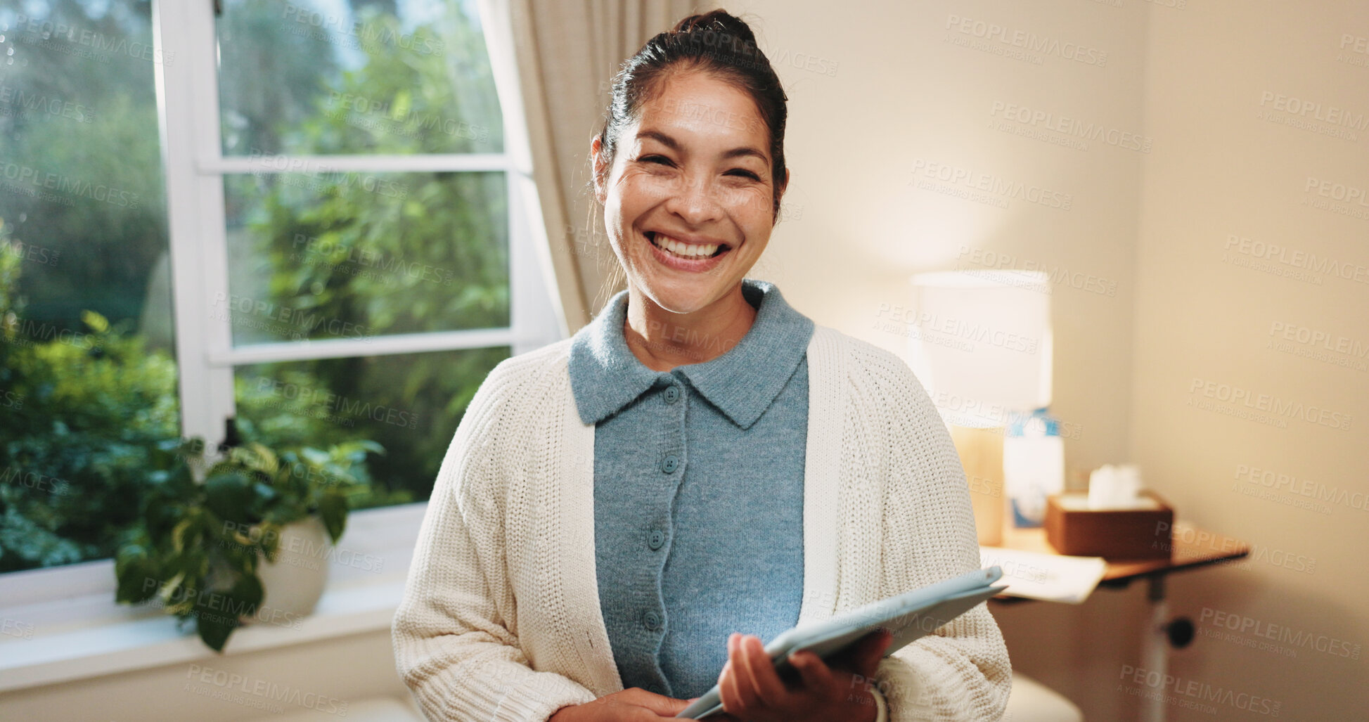 Buy stock photo Portrait, woman and caregiver at house with tablet, medical results and schedule for homecare. Smile, female person and confidence in home with tech, assisted living and agenda update for healthcare