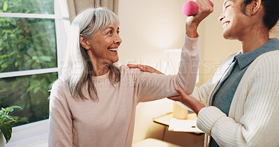 Buy stock photo Old woman, dumbbells and physiotherapist in office for fitness, muscle injury and recovery. Orthopedic, help and senior person with weights for arthritis, physical therapy and mobility rehabilitation