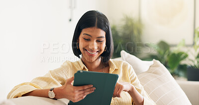 Buy stock photo Streaming, digital or woman on couch with tablet, video subscription or post update on online site. Happy, space or person in house with tech, internet search or show binge on entertainment platform