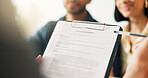 Hands, lawyer and reading document with couple, legal advisory and contract for last will. People, attorney and review with documents, inheritance planning and testament agreement for asset coverage