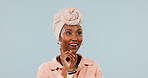 Thinking, happy and black woman in studio with ideas, brainstorming or reflection on creative career. Decision, space and magazine editor on white background for planning, nostalgia or remember.