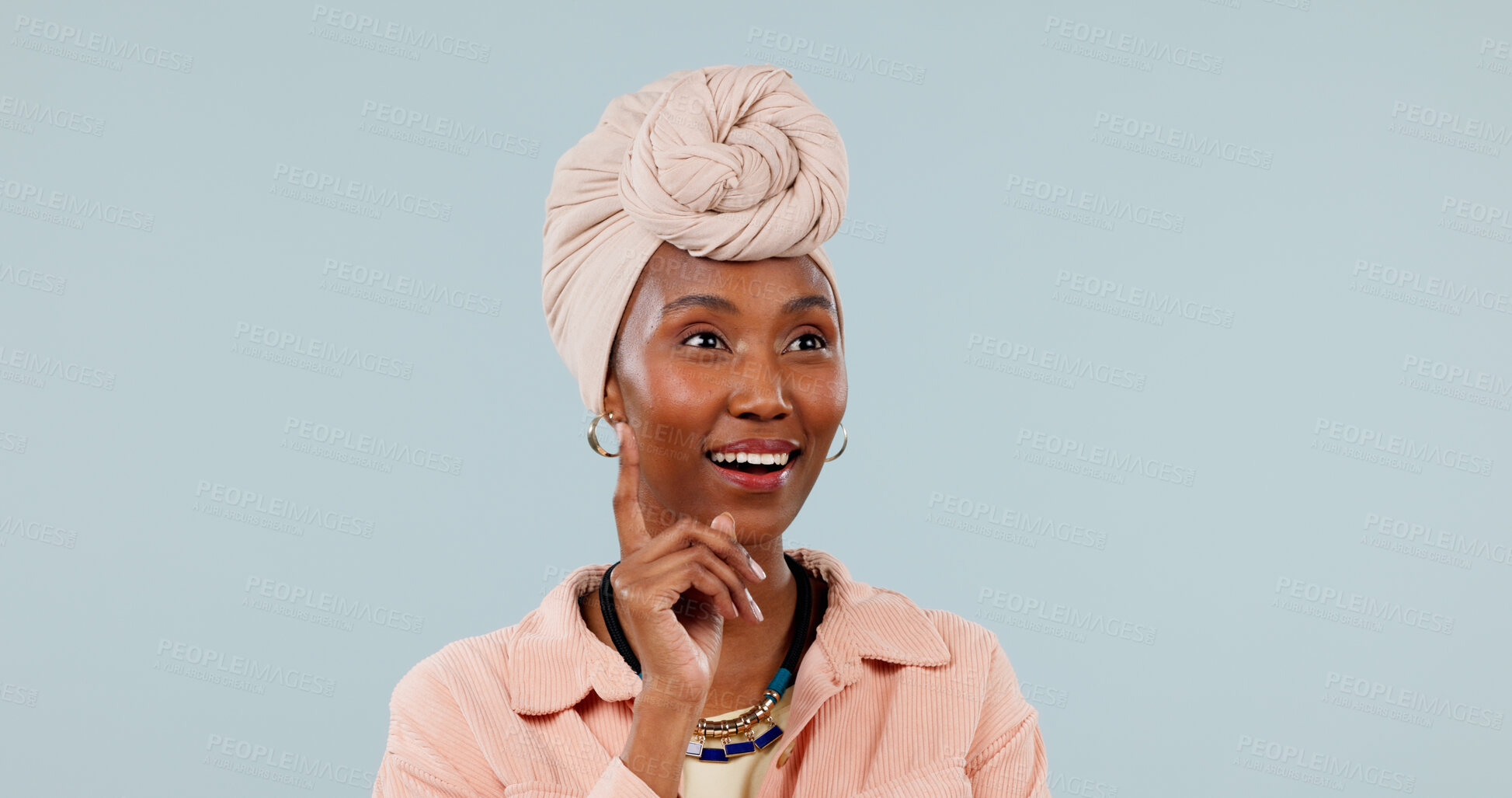 Buy stock photo Thinking, happy and black woman in studio with ideas, brainstorming or reflection on creative career. Decision, space and magazine editor on blue background for planning, solution or reminder.