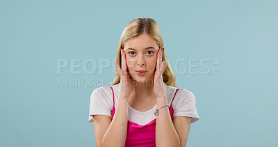Buy stock photo Portrait, woman and student in studio with stress, scholarship or academic pressure for education. Mockup space, person and concern for learning, poor grades and fail entrance exam on blue background