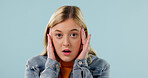 Portrait, woman and student in studio with concern, exam stress or academic pressure for education. Mockup space, female person or worry for learning, poor grades and fail semester on blue background