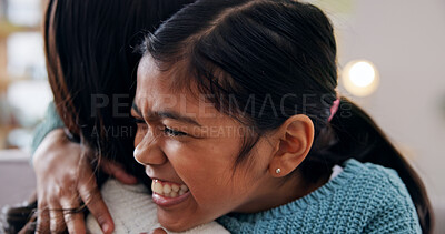 Buy stock photo Happy, mother and child at house with hug, love and parental affection for bonding together. Excited, woman and daughter in home with embrace, appreciation and connection for weekend break in lounge
