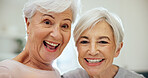 Portrait, smile and senior women in living room of nursing home for bonding, love or reunion. Happy, elderly friends and retirement together for relax, connection and memories in lounge of house