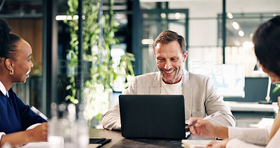 Buy stock photo Smile, laptop and business people in meeting, planning and brainstorming ideas for profit in office. Computer, happy group and mature sales manager for project budget, finance and revenue growth