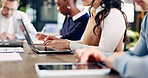 Hands, team and laptop for meeting in office with communication, proposal or review at real estate agency. People, realtor or consultant with tech for investor, property development or budget insight