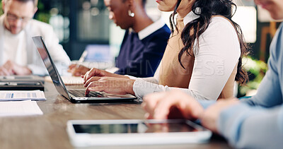 Buy stock photo Hands, team and laptop for meeting in office with communication, proposal or review at real estate agency. People, realtor or consultant with tech for investor, property development or budget insight