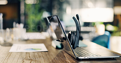Buy stock photo Empty, graphs and office with laptop, headset and chart for investment advice at finance agency. Call center, background and computer with mic for financial consulting, crm support and contact us
