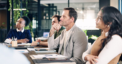 Buy stock photo Man, team and paperwork for meeting in office with presentation, proposal or review at real estate agency. People, realtor or consultant with tech for investor, property development or budget insight