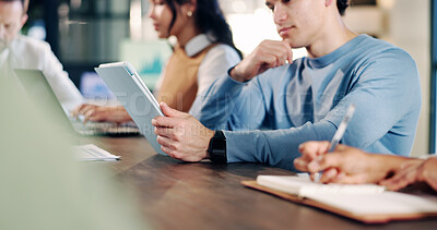 Buy stock photo Hands, team and tablet for meeting in office with communication, proposal or review at real estate agency. People, realtor or consultant with tech for investor, property development or budget insight