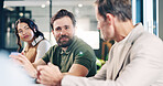 Man, team and discussion for meeting in office with ideas, proposal or review at real estate agency. People, realtor or consultant with chat for investor, property development or budget insight