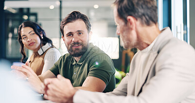 Buy stock photo Man, team and discussion for meeting in office with ideas, proposal or review at real estate agency. People, realtor or consultant with chat for investor, property development or budget insight