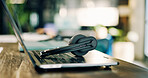 Empty, call center and desk with laptop, headset and customer service for contact us at finance agency. Office, background and computer for financial consulting, investment advice and crm support