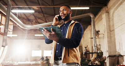 Buy stock photo Phone call, inspection and black man with tablet in carpentry warehouse for quality control or planning. Furniture, timber factory and person with tech for workshop, safety or communication or flare
