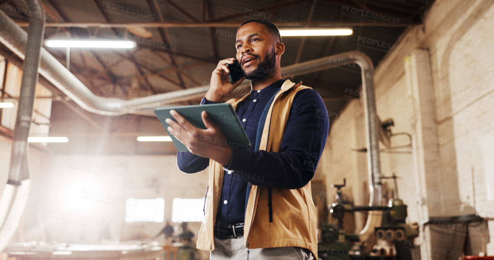 Buy stock photo Phone call, inspection and black man with tablet in carpentry warehouse for quality control or planning. Furniture, timber factory and person with tech for workshop, safety or communication or flare