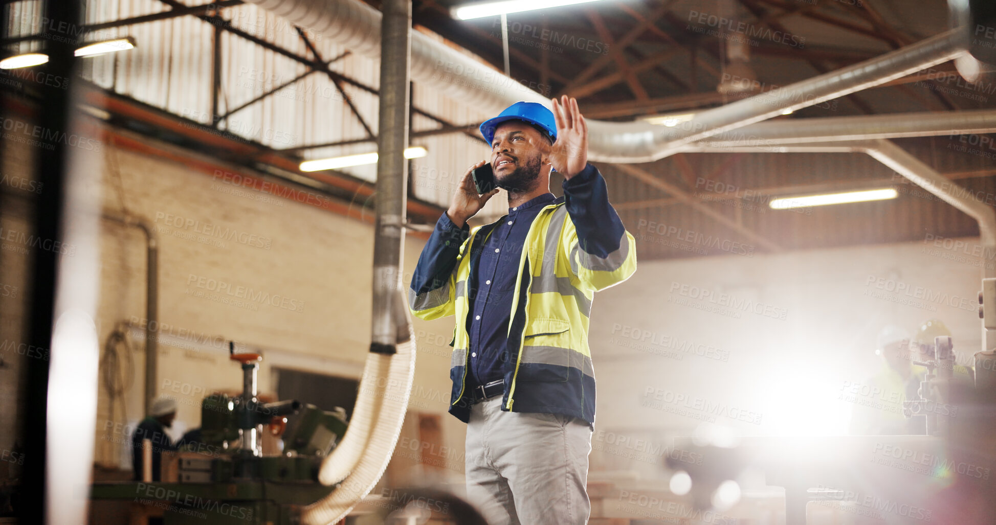 Buy stock photo Phone call, black man and construction worker on site with communication, feedback or update on repairs. Cellphone, talking and civil engineer on mobile discussion for review on building renovation.