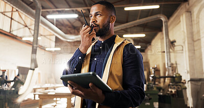 Buy stock photo Radio, inspection and black man with tablet in carpentry warehouse for quality control or planning. Furniture, timber factory and person with technology for workshop, safety or communication