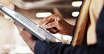 Hands, inspection and man with tablet in carpentry warehouse for meeting or planning. Manufacturing, timber factory and person with tech and checklist for workshop, safety and compliance with stock