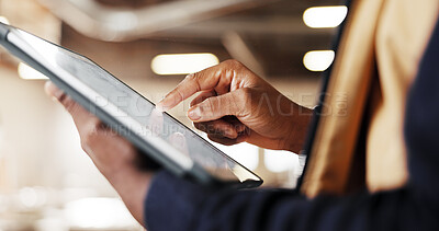 Buy stock photo Hands, inspection and man with tablet in carpentry warehouse for planning with scroll. Manufacturing, timber factory and person with tech and checklist for workshop, safety and compliance with stock