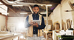 Scroll, inspection and black man with tablet in carpentry warehouse for quality control. Manufacturing, timber factory and person with tech checklist for workshop, safety or compliance with flare