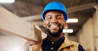 Buy stock photo Carpentry, portrait or black man in factory with plank, craftsman or pride in furniture business. Happy, hardhat or carpenter with slab, woodworking confidence or about us as lumber contractor.