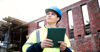 Buy stock photo Planning, man and construction worker on site with tablet for research on building renovation. Technology, thinking and civil engineer with feedback on maintenance, repairs or property development.
