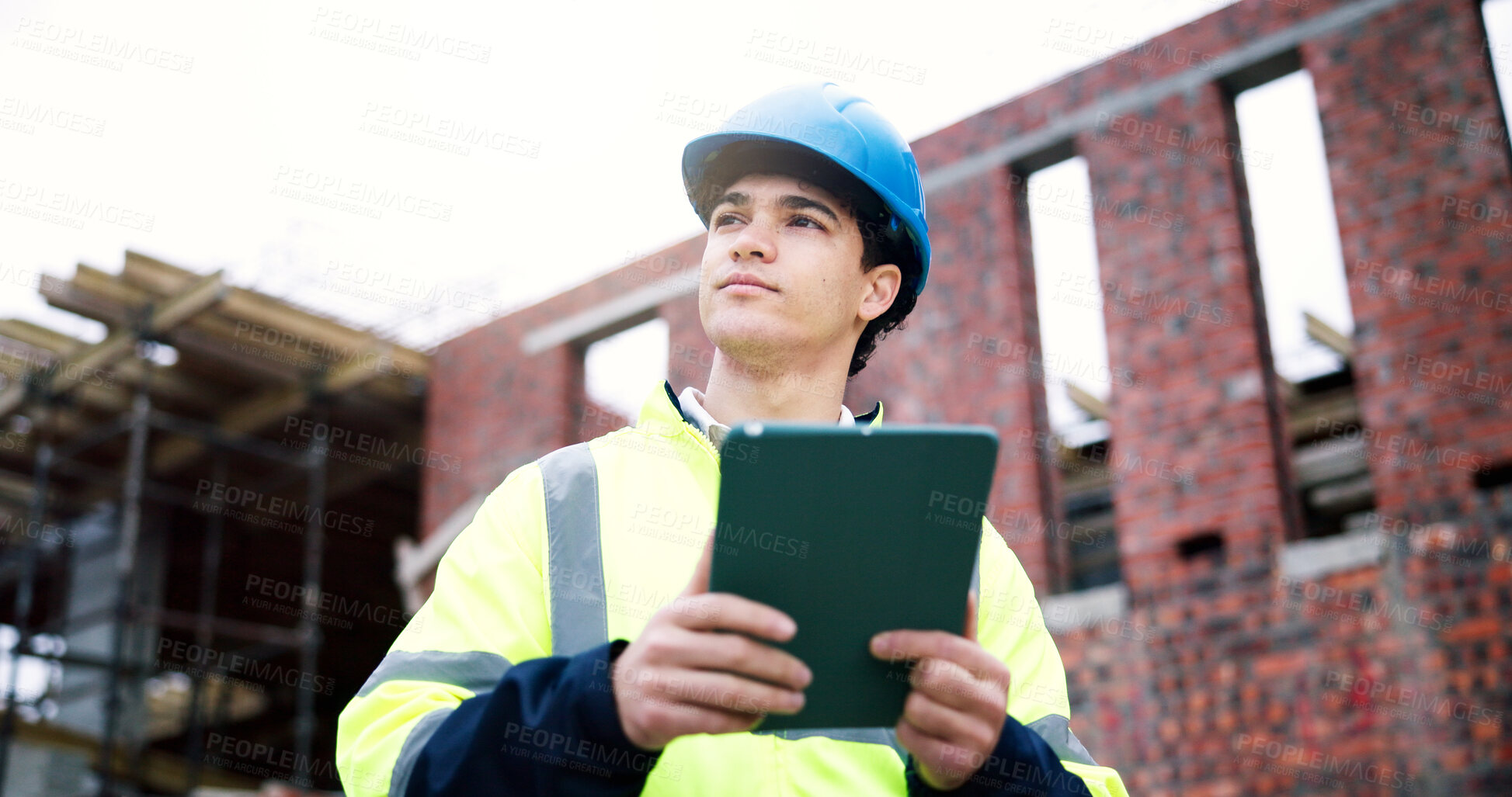 Buy stock photo Planning, man and construction worker on site with tablet for research on building renovation. Technology, thinking and civil engineer with feedback on maintenance, repairs or property development.