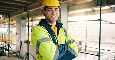 Buy stock photo Crossed arms, man and portrait of construction worker on site with confidence for building, renovation or repair. Smile, about us and civil engineer with pride for property development or maintenance