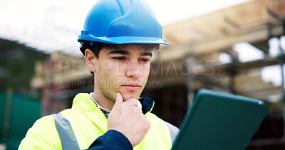 Buy stock photo Man, engineer and thinking with tablet at construction site, project planning or safety evaluation. Male person, problem solving and architect with tech for building, development or  decision outdoor