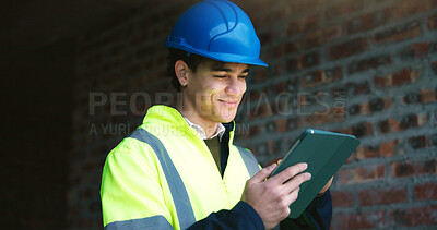 Buy stock photo Happy, civil engineer and man with tablet on construction site, reading and planning for renovation. Architect, smile and person with technology, research and information for property development