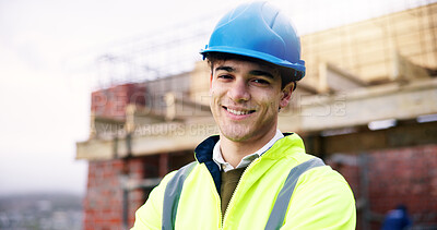 Buy stock photo Construction site, civil engineer and happy man outdoor for building development with helmet. Confidence, portrait and  architect with smile, about us and infrastructure professional with safety ppe