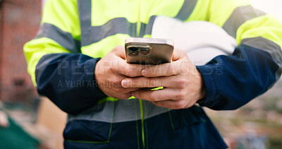 Buy stock photo Architect, chatting and hands with phone on construction site, online and communication with contact. Civil engineering, real estate and person with mobile, texting and property development update