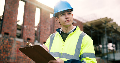 Buy stock photo Thinking, engineer and man with clipboard at construction site, planning schedule or safety compliance. Writing, document and architect with progress report, building regulations or problem solving