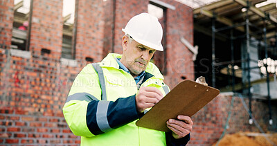 Buy stock photo Writing, engineer or man with clipboard at construction site, schedule or safety compliance info. Reading, document or mature architect with progress report, building regulations or project checklist