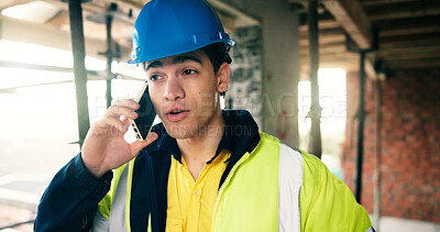 Buy stock photo Phone call, engineer and update with man on construction site for building inspection, contact and feedback. Renovation, communication and architect project with person for expansion and contractor